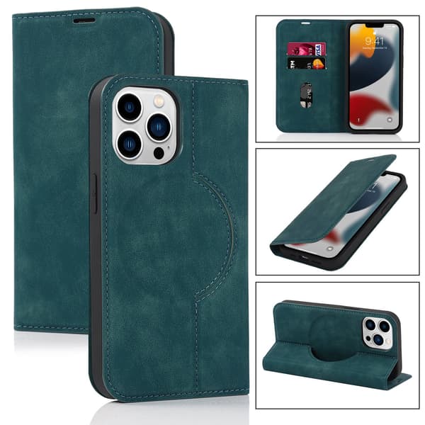 Fodral för iPhone15Pro stöder magnetisk trådlös laddning blått kortfack plånbok laddning su