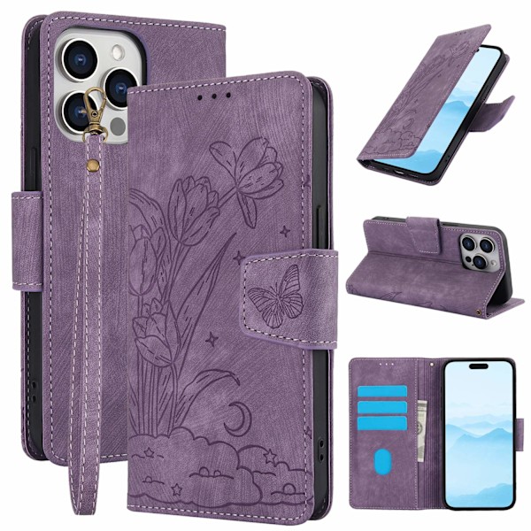 Fodral för iPhone 15 Pro lila anti-fall präglat läder multifunktionell plånbok