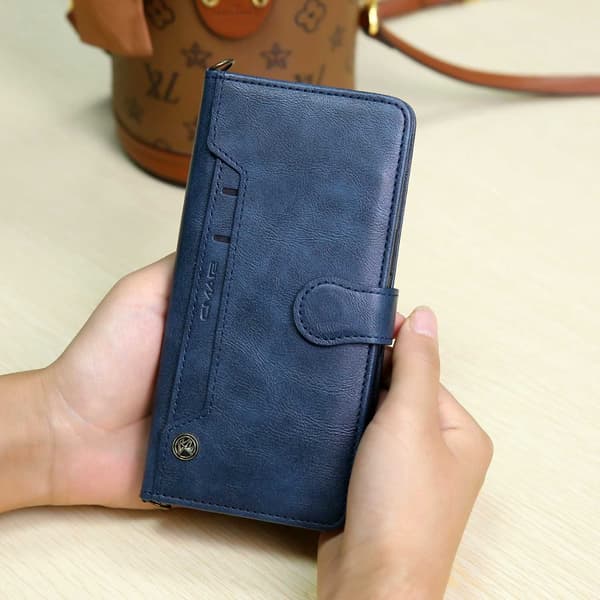 Etui til iPhone 14Plus/15Plus blå multi cap læder flip kort slot crossbody