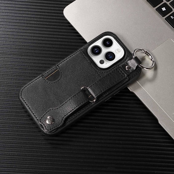 Etui til iPhone 14 Pro sort kalvemønster kortholder fingerring spænde håndledsrem
