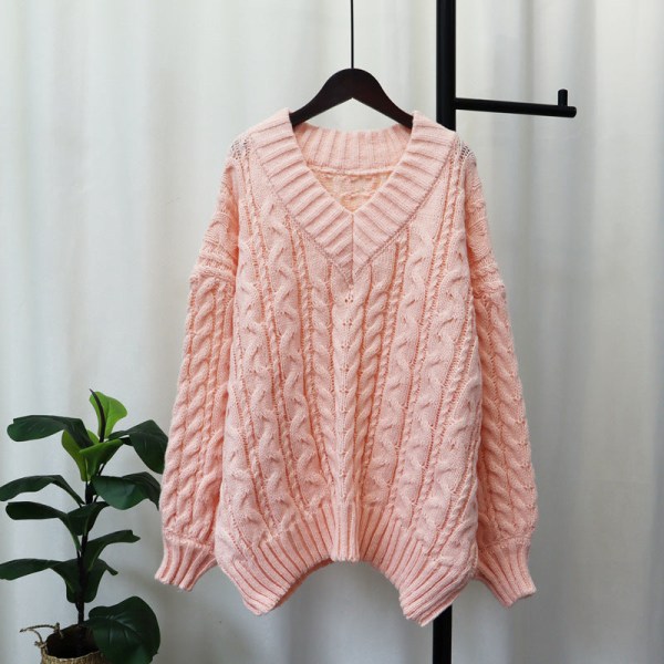Kvinder Strik Efterår Vinter Sweater Fortykket V-hals Twist Pullover Løs Blød top Pink Average size