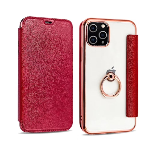 Fodral för iPhone 13mini röd med ring flip läder elektropläterad PU-ring transparent kortplats