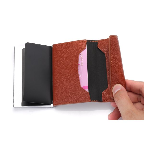 Lyhyt korttipidike Magneettinen RFID automaattinen pommi, metallinen varkaudenestokortti, pyyhkäisevä lompakko Brown