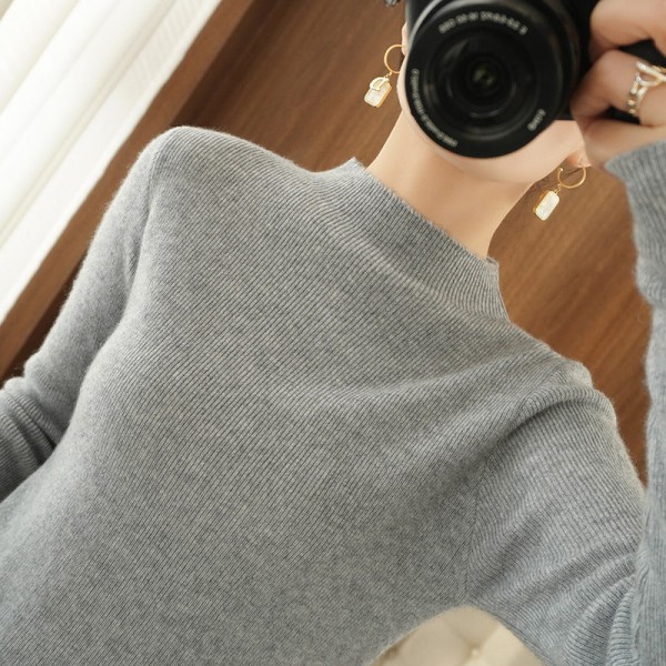 Damestrik efterår vinter sweater halvhøj krave indre match base skjorte ensfarvet sweater Gray XXL