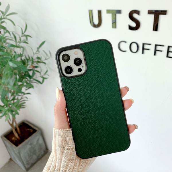 Etui til iPhone 14 grøn litchilæder retro mønster