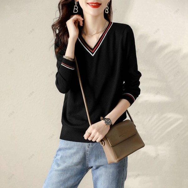 Women Knitwear Autumn Winter Sweater Long-Sleeved Shirt Versatile Loose Slimming Bottoming Shirt Black M