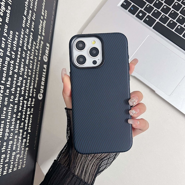 Etui til iPhone 14 Navyblå kulfibertekstur magnetisk læder anti-fald