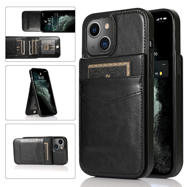 Etui til iPhone 13 4 kortpladser sort solid holder mode multifunktionel alt inklusive