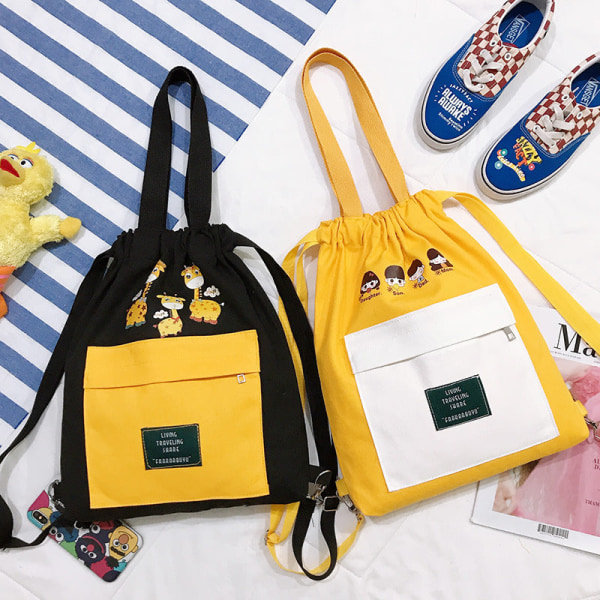 Skoleelev ryggsekk College Bookbag Travel Bag Canvas Tutorial Tote Bag Creative Pull-Belt Yellow giraffe