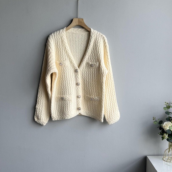 Kvinder Strik Efterår Vinter Sweater V-hals Cardigan Vintage Jacquard Lomme Løs Casual Top Sky Blue 59*86*48cm