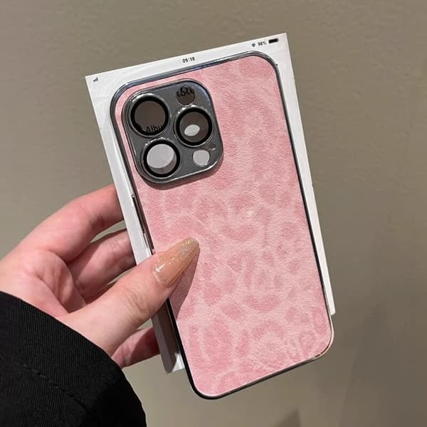 Etui til iPhone 16 Pro pink leopard print læder elektroplettering fuld