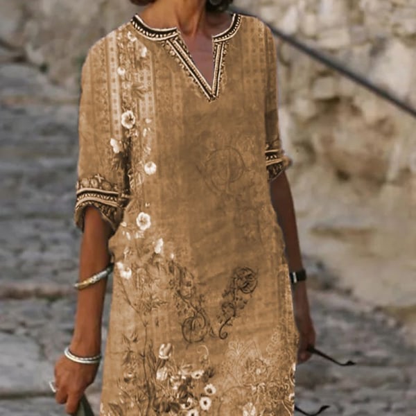 Etnisk print afslappet kjole med V-hals Khaki XXXL