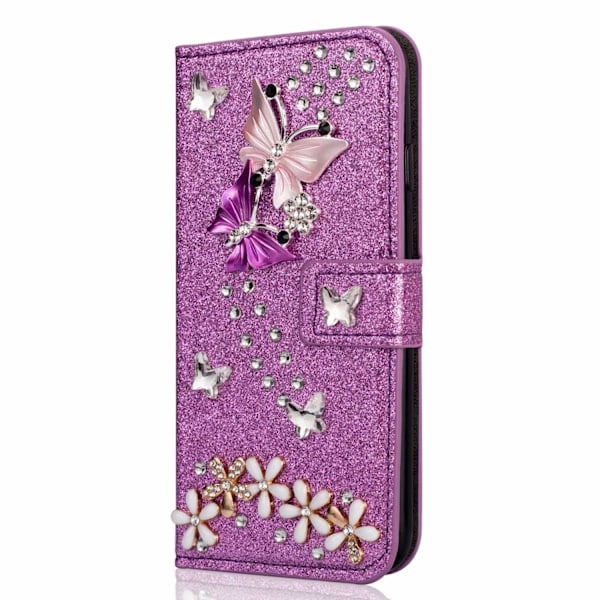 Fodral för iPhone 13 Pro lila glitter fjäril strass kortplats plånbok läder inlagd diam