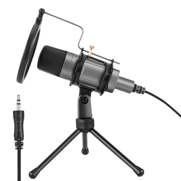 Shenzhen Styrke Direkte Tilførsel 3,5 mm Grensesnitt Kondensator Mikrofon Datamaskin Live Karaoke Spill Mikrofon med Brakett Gray suit