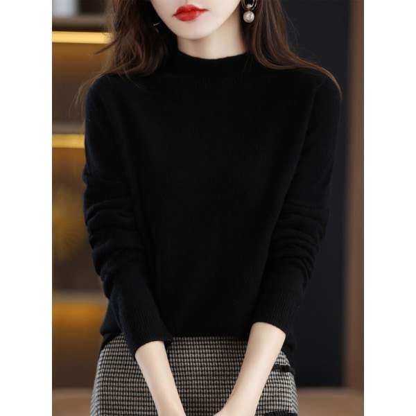 Dame Strikk Høst Vinter Genser Hel Ull Halv Turtleneck Dame Base Pullover Black 106*61*60cm