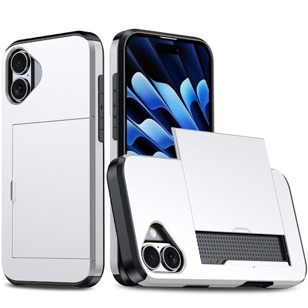 Kotelo iPhone 16 Plus 6.7 hopeanväriselle liukuvalla korttipaikalla, putoamista estävä kova lompakko