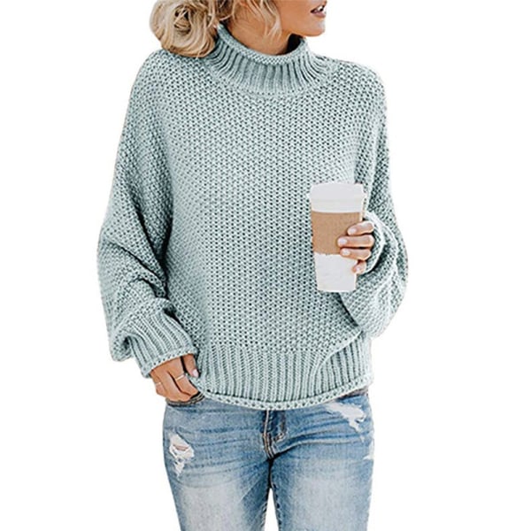 Kvinder Strik Efterår Vinter Sweater Dametøj Tykt Tråd rullekrave Pullover Blue 2XL