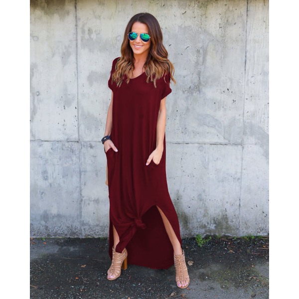 Lång klänning Rak kjol V-ringad Pocket Split Dress Wine Red 4XL