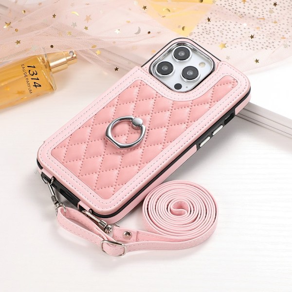 Fodral för iPhone15 rosa [långt nyckelband] lämpligt romb läder crossbody plånbok anti fall