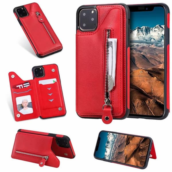 Etui til iPhone 13 Pro Max rød glidelås kortholder dobbel spenne