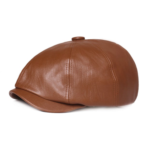 Beret Hat Leather Octagonal Cap Women's Leather Hat Artistic Youth Beret Pu Hat Men's Vintage Painter Hat Brown Adjustable