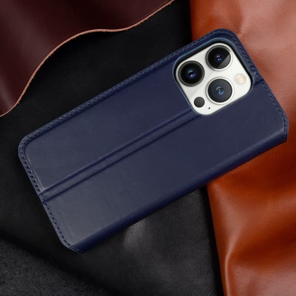 Fodral för iPhone 14 Pro Max mörkblått läder kortplats stöldskydd anpassat