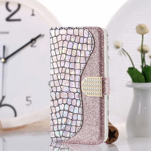 Etui til iPhone 14plus Sølv laser glitter krokodillemønster patchwork læder kortholder pung