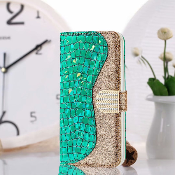 Fodral för iPhone 13 Grön laserglitter krokodilmönster läder kortplats plånbok
