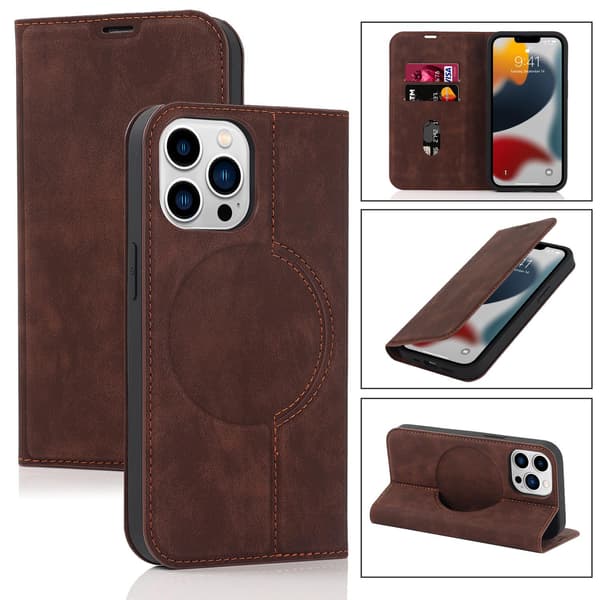 Fodral för iPhone15Pro stöder magnetisk trådlös laddning mörkbrunt kortfack plånbok ladd