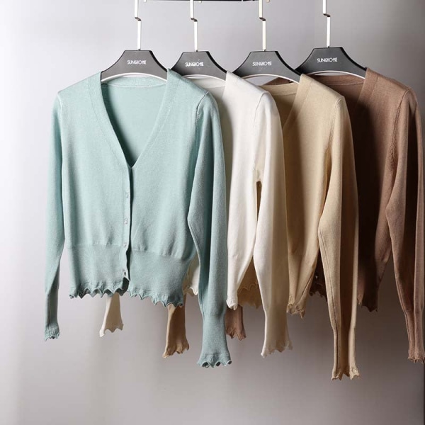 Damstickad Höst Vinter Tröja Cardigan Långärmad Mercerized Bomull Solskyddskläder Camel M