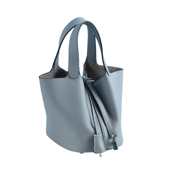 Kvinder Dame Håndtaske Læder Håndtaske First Layer Cowhide Bucket Bag Large/22cm Linen Blue