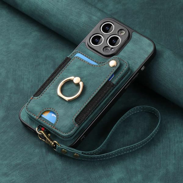 Fodral för iPhone15pro grön [med läderrem] stöldskydd borstring spänne rem multifunktion