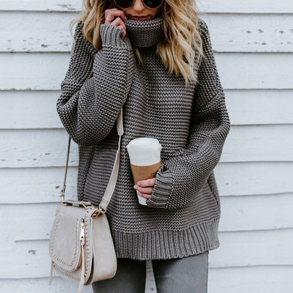 Women Knitwear Autumn Winter Sweater Thick Thread Long Sleeve Turtleneck Pullover Women Gray M