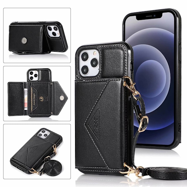 Etui til iPhone 13 Pro sort trekant crossbody kortholder snor kuvert læderpung