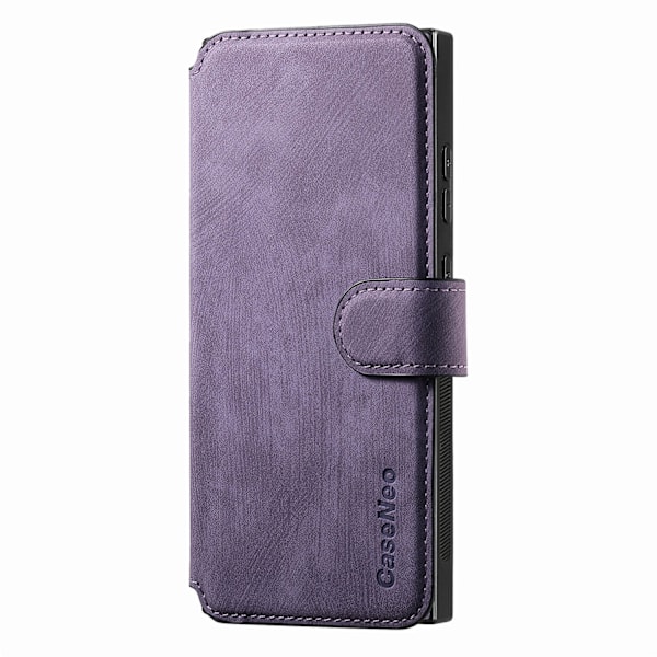 Kotelo iPhone 16:lle, suuri aukko, violetti, kaksi yhdessä magneettinen jaettu nahkainen korttilompakko