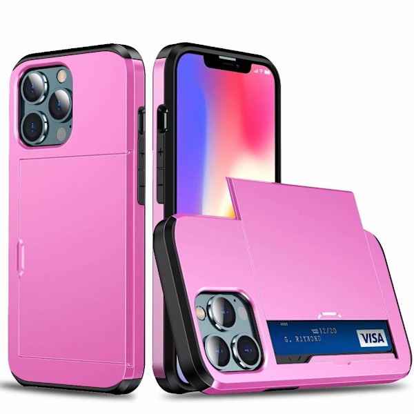 Kotelo iPhone 15plus -puhelimelle, vaaleanpunainen liukuvalla korttipaikalla