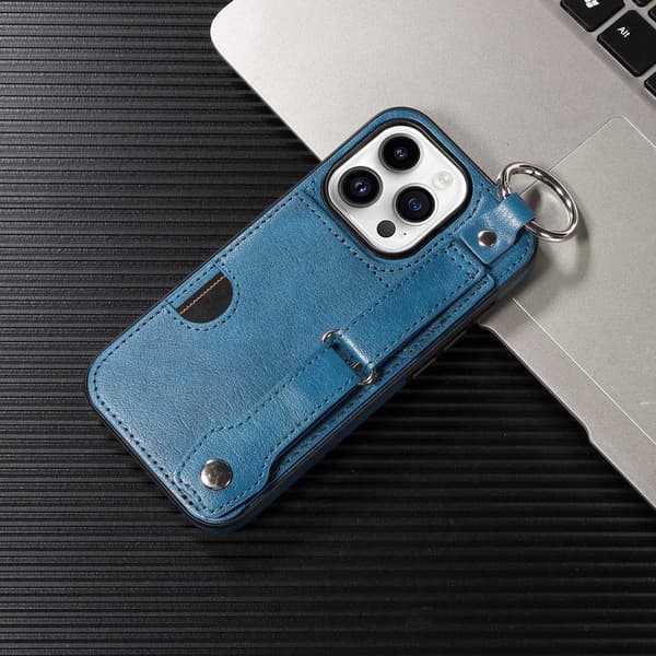 Etui til iPhone 14 Pro Max blått kalvemønster kortholder ring spenne håndleddsstropp