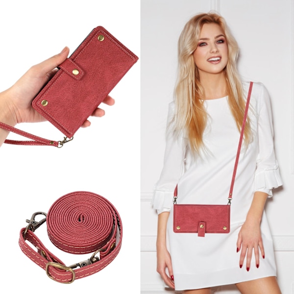 iPhone 14 punainen crossbody-kotelo, unelmainen monitoiminen nahkainen crossbody-lompakko, putoamissuoja