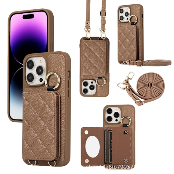 iPhone 13 -kotelo, tummanruskea korttipaikka, crossbody-lompakko