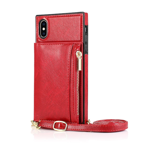 Etui til iPhone 14 6.1 Rød Crossbody Wallet Lynlås Kortholder Læder Firkantet Fuld