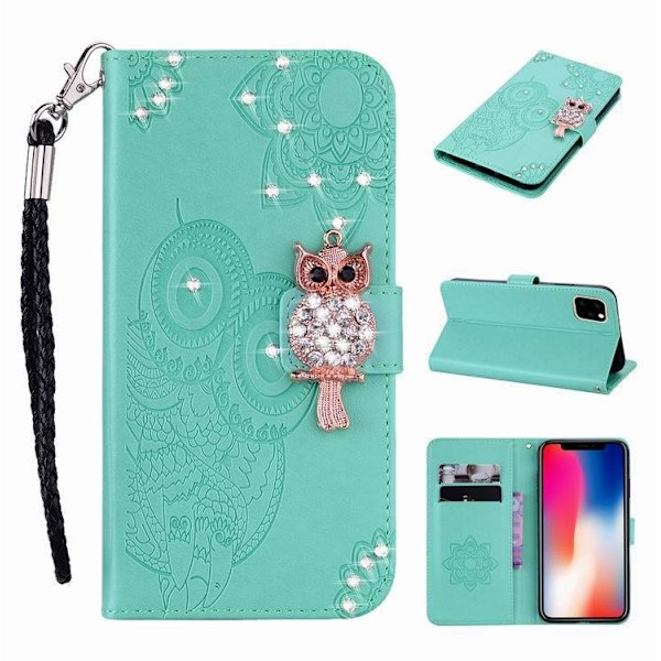 Fodral för iPhone 13 mini ljusgrön präglad uggla diamant kortplats plånbok läder