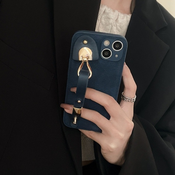 Etui til iPhone 14PRO MAX Månegrube mønster mørkeblå kaffebønne ding armbånd læder ro