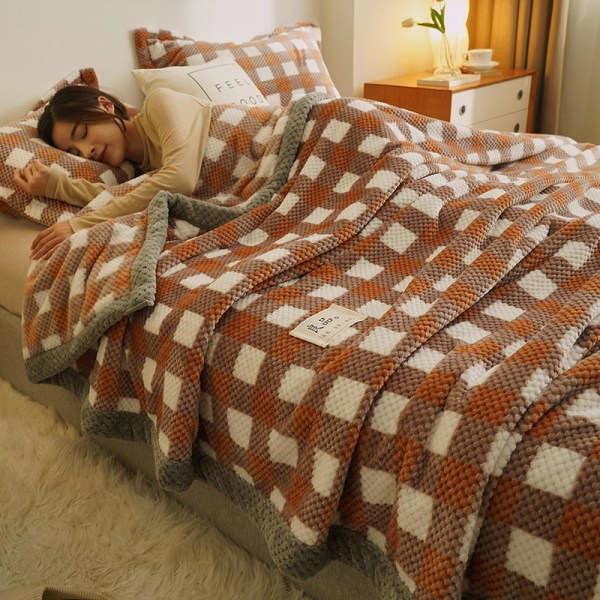 Ei-painettu yksikerroksinen kolmiosainen peittopuku Talvi paksu thermal vuodelakana sohvapeitto Small Plaid Orange 150x200cm