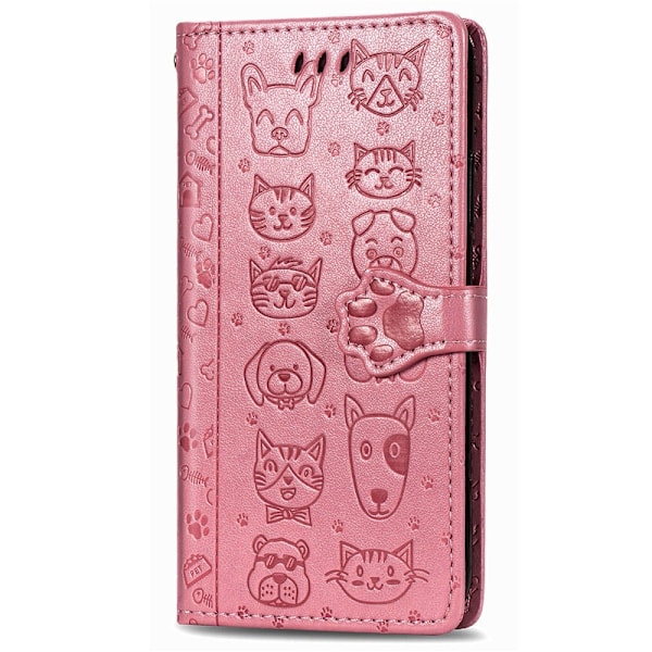 Fodral för iPhone 13 Pro rosa katt och hund präglat läder katt