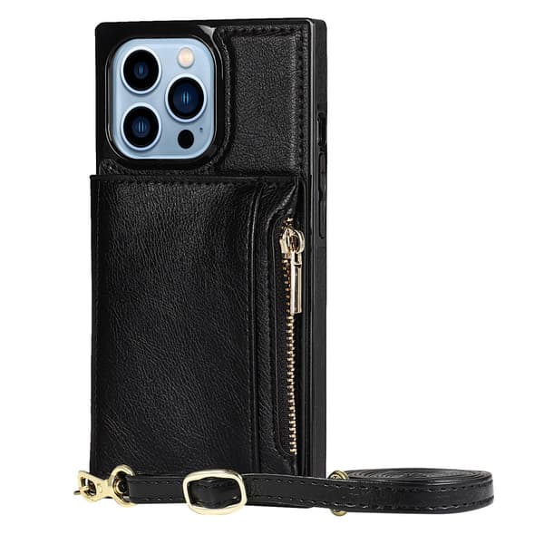 Etui til iPhone 13 Pro, sort lynlås crossbody modekort