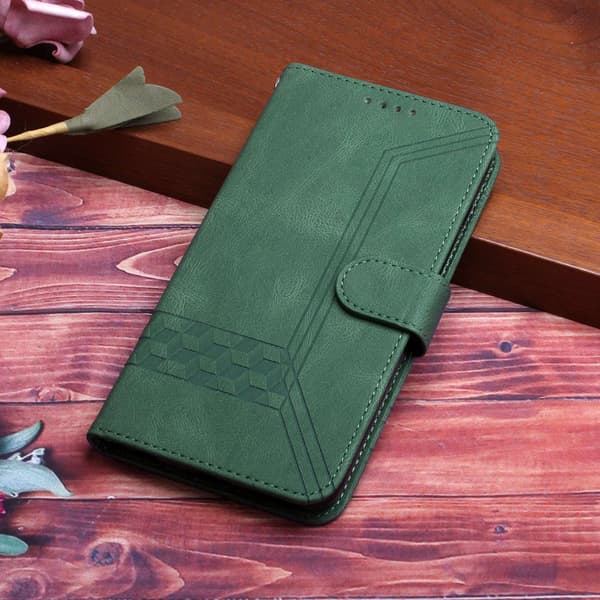 Fodral för iPhone 14 Pro Max grönrandigt läder Honor flip kortplånbok spänne