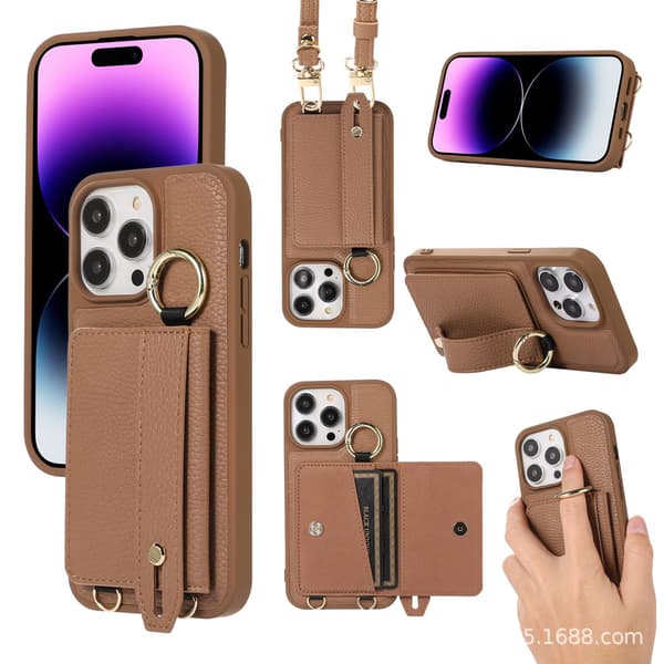 Fodral för iPhone 13 mörkbrunt korthållarfack handledsrem läder