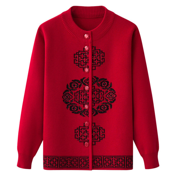 Damestrik efterår vintertrøje rød frakke til ældre Fortykningscardigan Wine Red XXL