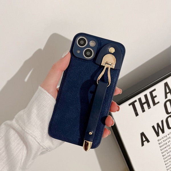 iPhone 13 -kotelo TY8 [Kuun kraatterikuvioinen ranneke] Laivastonsininen retro nahkarannekepidike anti f