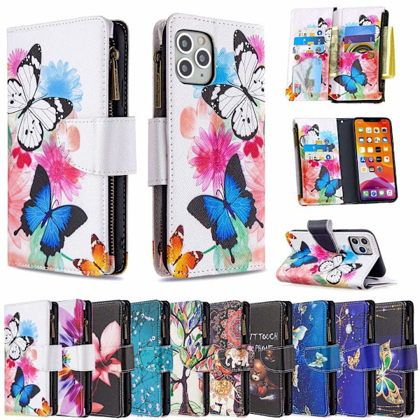 Etui til iPhone 13 Pro to sommerfugle malet lynlåstaske multifunktionel pung læder kortslot